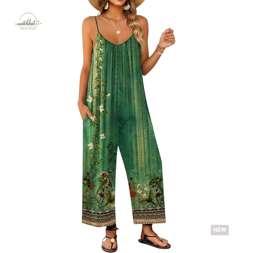 Sleeveless Wide Leg Jumpsuit with Pockets, Polyester Spandex Fabric, Vacation
